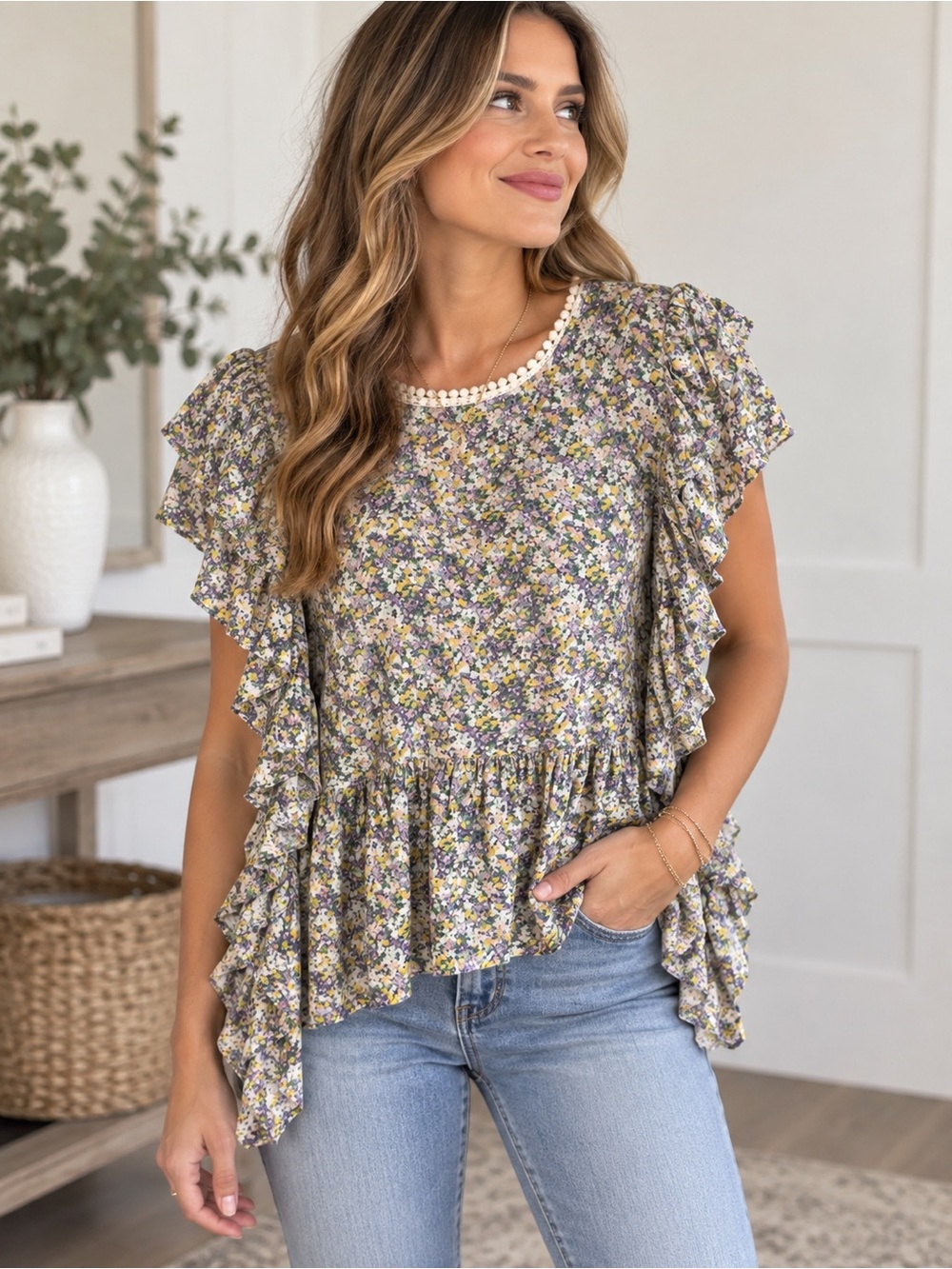 Easel Los Angeles Floral Ruffle Peplum Blouse Cottagecore Boho Top M Prairie
